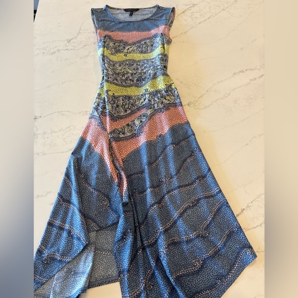 BCBGMaxAzria Blue Multi-Stripe Asymmetrical Cap Sleeve Dress - Picture 2 of 7